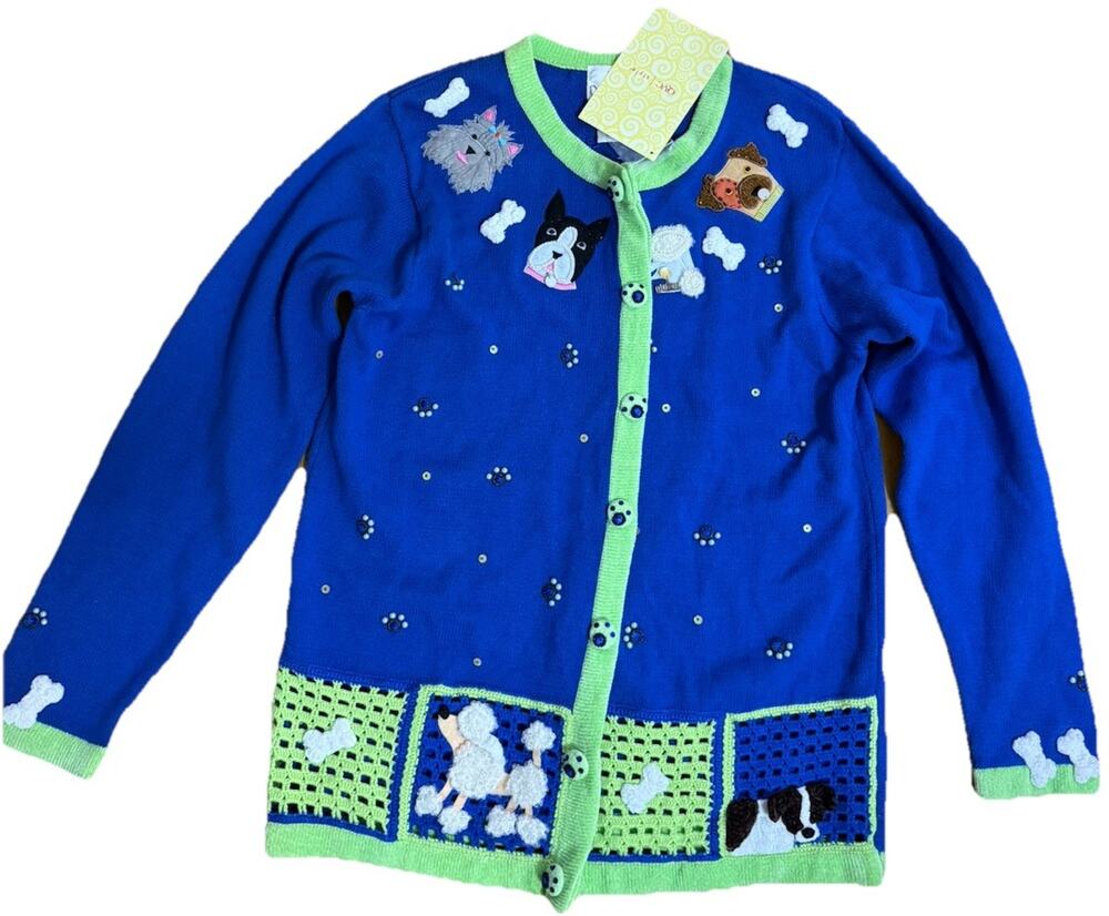 NWT THE QUAKER FACTORY Women’s Button Up Dog Embroidered Beaded Sweater Medium